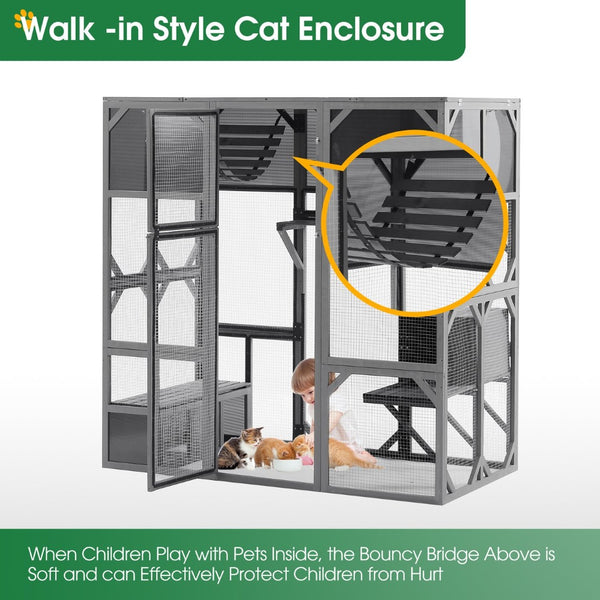 English Elm Outdoor Walk-in Wood Catio Enclosure with Uv Roof Platforms and Bouncy Bridge W1850S00002
