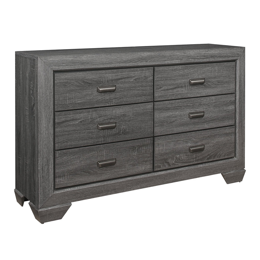 English Elm Wooden Beechnut 6-Drawer Dresser in Gray Finish with Rustic Embossed Veneer and Cup Hardware, 59" B011118703
