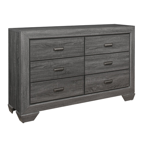 English Elm Wooden Beechnut 6-Drawer Dresser in Gray Finish with Rustic Embossed Veneer and Cup Hardware, 59" B011118703