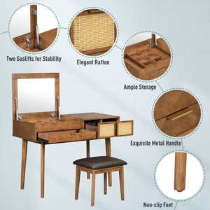 English Elm 43.3" Classic Wood Makeup Vanity with Flip Mirror & Padded Stool, 3 Drawers, Spacious Storage, Brown N704P165645