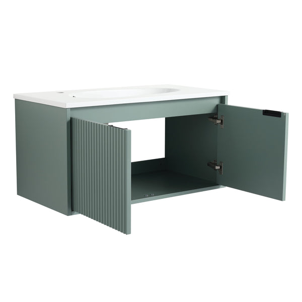 English Elm 36" Floating Bathroom Vanity with Drop-Shaped Resin Sink, Wavy Doors, Soft-Close Hinges, Water-Resistant Plywood Modern Design W999S00093
