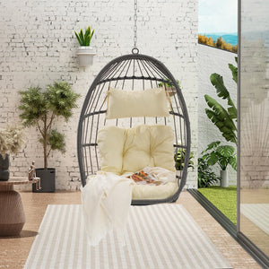 English Elm Outdoor Pe Rattan Egg Hanging Chair with Cushion Galvanized Steel Patio Swing W874107308
