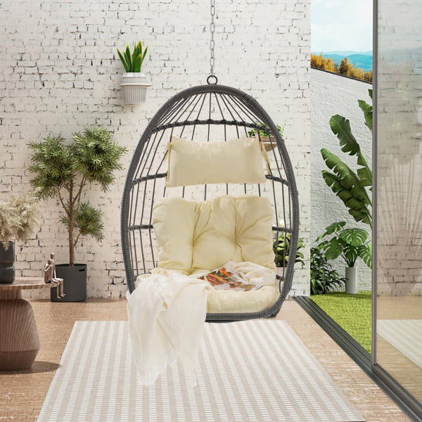 English Elm Outdoor Pe Rattan Egg Hanging Chair with Cushion Galvanized Steel Patio Swing W874107308
