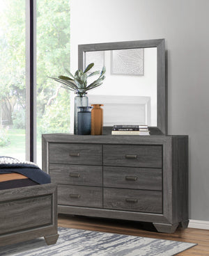 English Elm Wooden Beechnut 6-Drawer Dresser in Gray Finish with Rustic Embossed Veneer and Cup Hardware, 59" B011118703