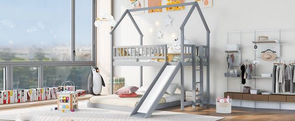 English Elm Twin Pine Twin-over-Full Bunk Bed with Slide and Built-In Ladder, Full-Length Guardrails, Sturdy Dorm Style Gray GX000430AAE