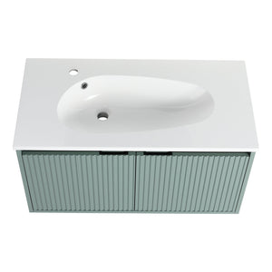 English Elm 36" Floating Bathroom Vanity with Drop-Shaped Resin Sink, Wavy Doors, Soft-Close Hinges, Water-Resistant Plywood Modern Design W999S00093