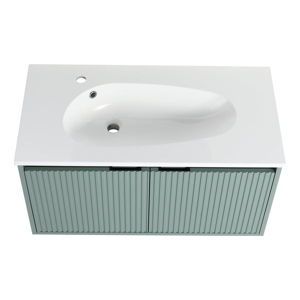 English Elm 36" Floating Bathroom Vanity with Drop-Shaped Resin Sink, Wavy Doors, Soft-Close Hinges, Water-Resistant Plywood Modern Design W999S00093