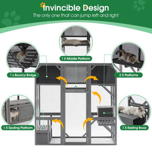 English Elm Outdoor Walk-in Wood Catio Enclosure with Uv Roof Platforms and Bouncy Bridge W1850S00002