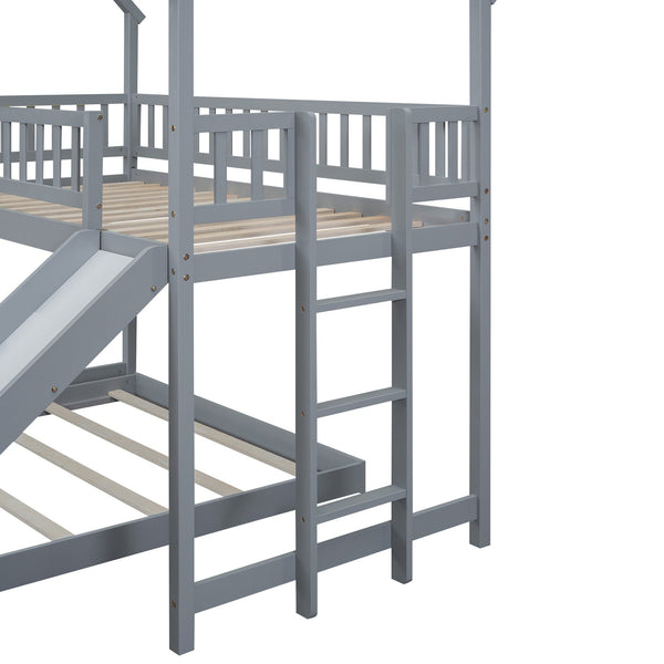 English Elm Twin Pine Twin-over-Full Bunk Bed with Slide and Built-In Ladder, Full-Length Guardrails, Sturdy Dorm Style Gray GX000430AAE
