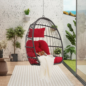 English Elm Outdoor Pe Rattan Egg Hanging Chair with Cushion Galvanized Steel Patio Swing W874107310