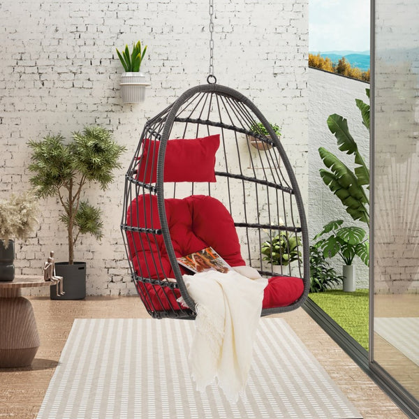 English Elm Outdoor Pe Rattan Egg Hanging Chair with Cushion Galvanized Steel Patio Swing W874107310
