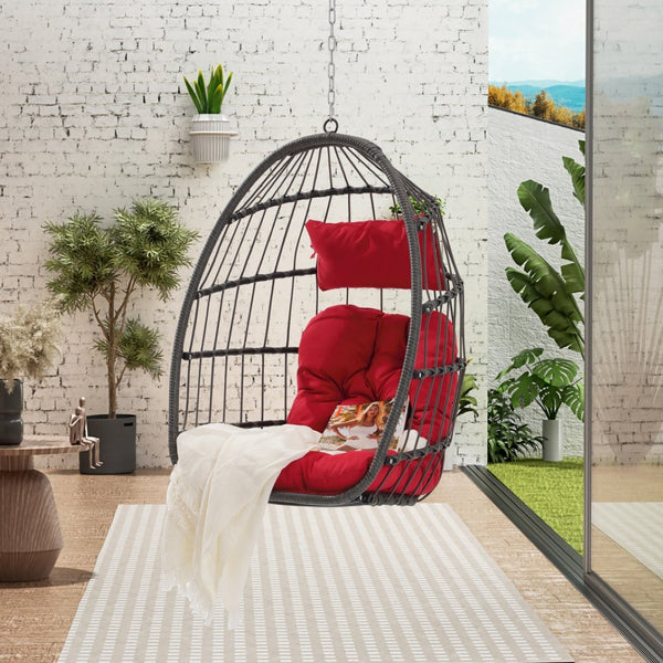 English Elm Outdoor Pe Rattan Egg Hanging Chair with Cushion Galvanized Steel Patio Swing W874107310