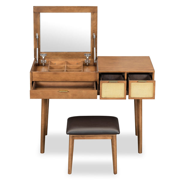 English Elm 43.3" Classic Wood Makeup Vanity with Flip Mirror & Padded Stool, 3 Drawers, Spacious Storage, Brown N704P165645