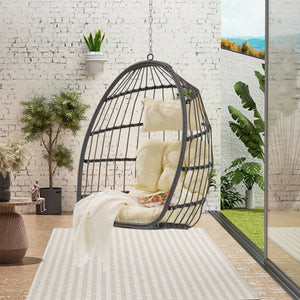 English Elm Outdoor Pe Rattan Egg Hanging Chair with Cushion Galvanized Steel Patio Swing W874107308