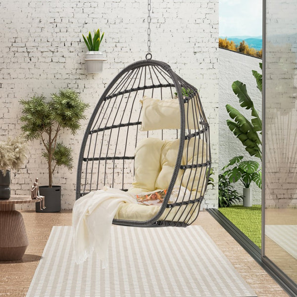 English Elm Outdoor Pe Rattan Egg Hanging Chair with Cushion Galvanized Steel Patio Swing W874107308