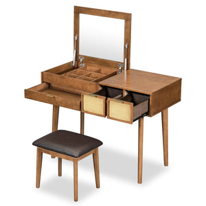 English Elm 43.3" Classic Wood Makeup Vanity with Flip Mirror & Padded Stool, 3 Drawers, Spacious Storage, Brown N704P165645