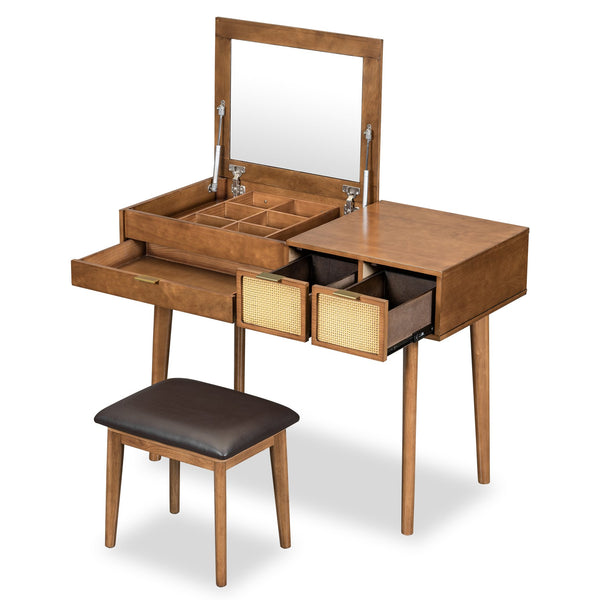 English Elm 43.3" Classic Wood Makeup Vanity with Flip Mirror & Padded Stool, 3 Drawers, Spacious Storage, Brown N704P165645