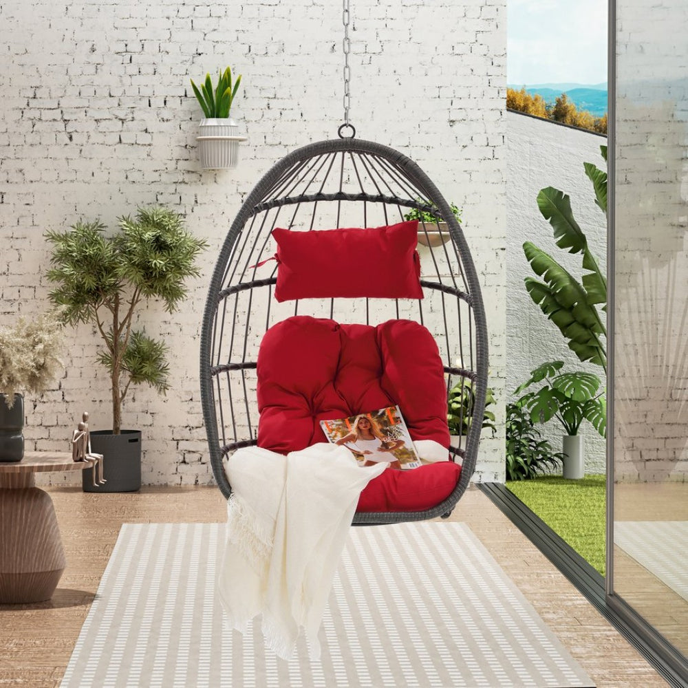 English Elm Outdoor Pe Rattan Egg Hanging Chair with Cushion Galvanized Steel Patio Swing W874107310