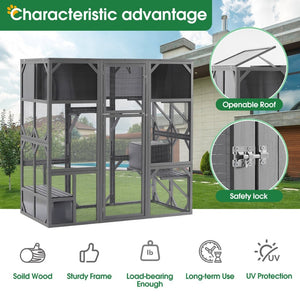 English Elm Outdoor Walk-in Wood Catio Enclosure with Uv Roof Platforms and Bouncy Bridge W1850S00002