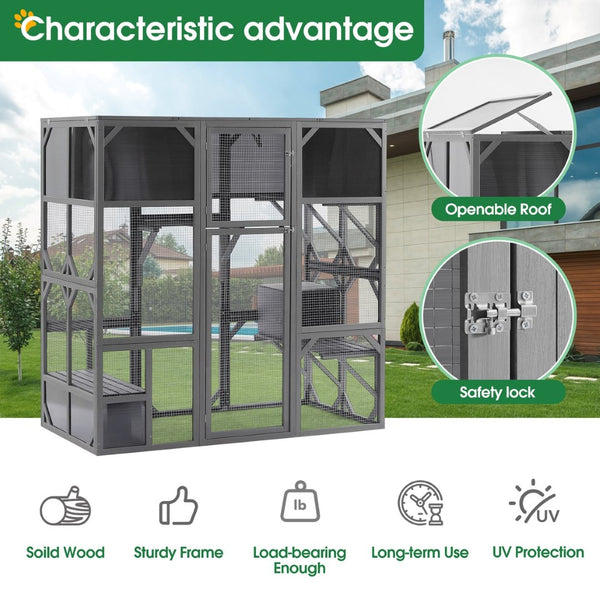 English Elm Outdoor Walk-in Wood Catio Enclosure with Uv Roof Platforms and Bouncy Bridge W1850S00002