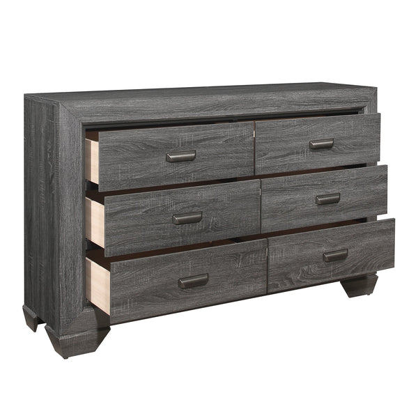 English Elm Wooden Beechnut 6-Drawer Dresser in Gray Finish with Rustic Embossed Veneer and Cup Hardware, 59" B011118703