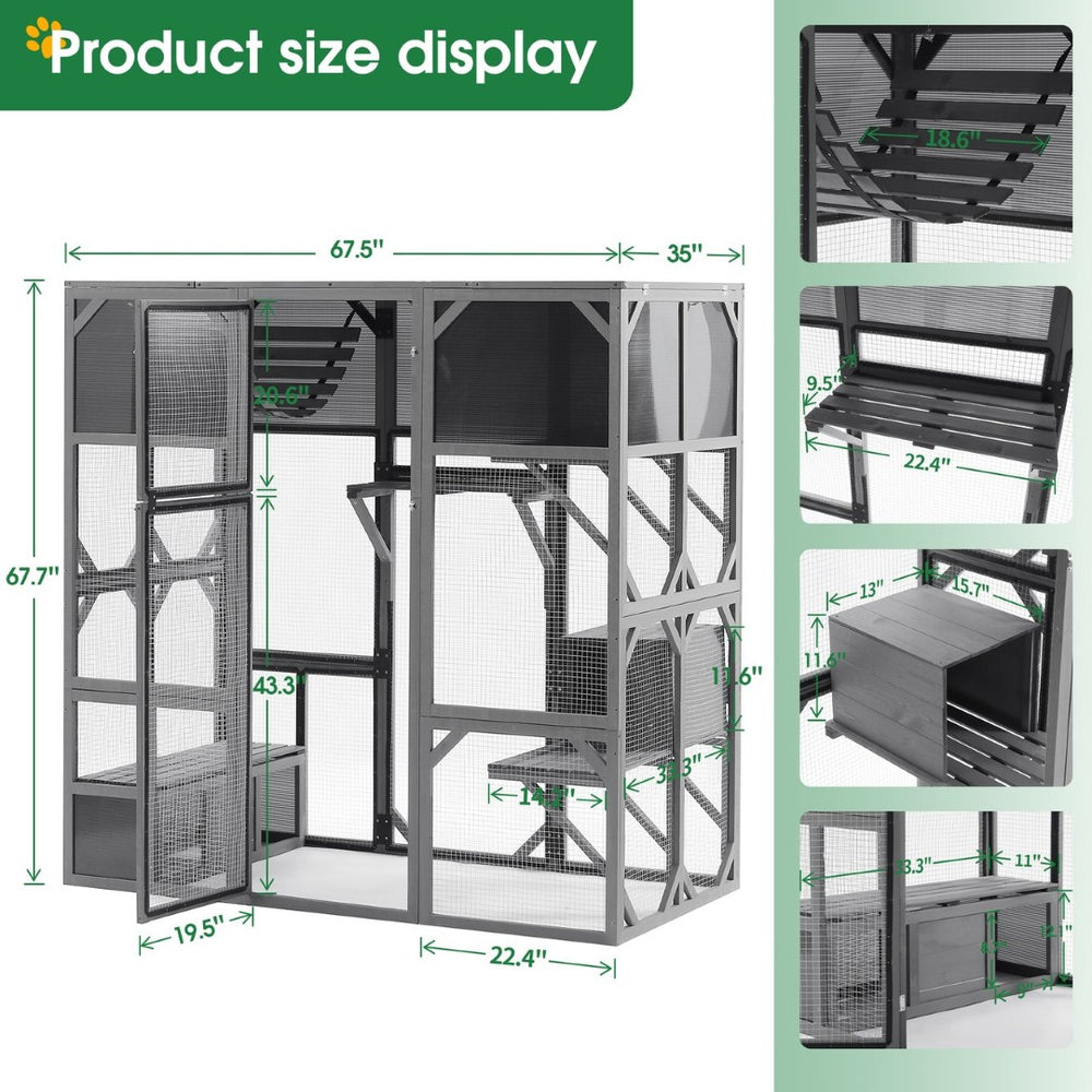 English Elm Outdoor Walk-in Wood Catio Enclosure with Uv Roof Platforms and Bouncy Bridge W1850S00002