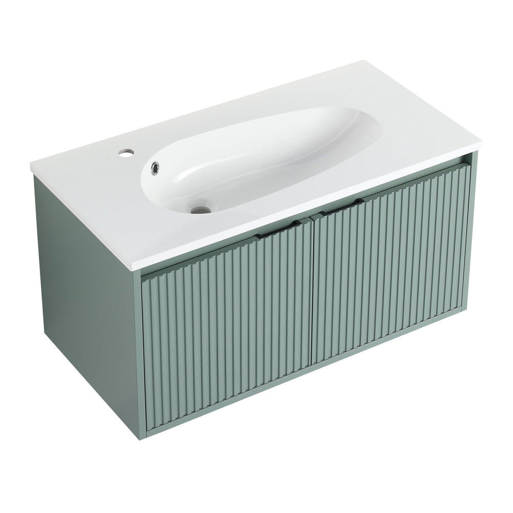 English Elm 36" Floating Bathroom Vanity with Drop-Shaped Resin Sink, Wavy Doors, Soft-Close Hinges, Water-Resistant Plywood Modern Design W999S00093