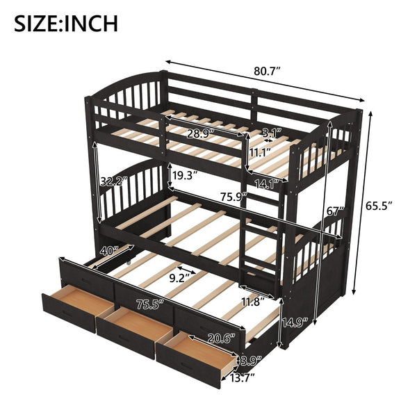 English Elm Twin Over Pine Bunk Bed with Pull-out Trundle and Three Storage Drawers SM000093AAP-1
