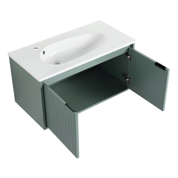English Elm 36" Floating Bathroom Vanity with Drop-Shaped Resin Sink, Wavy Doors, Soft-Close Hinges, Water-Resistant Plywood Modern Design W999S00093
