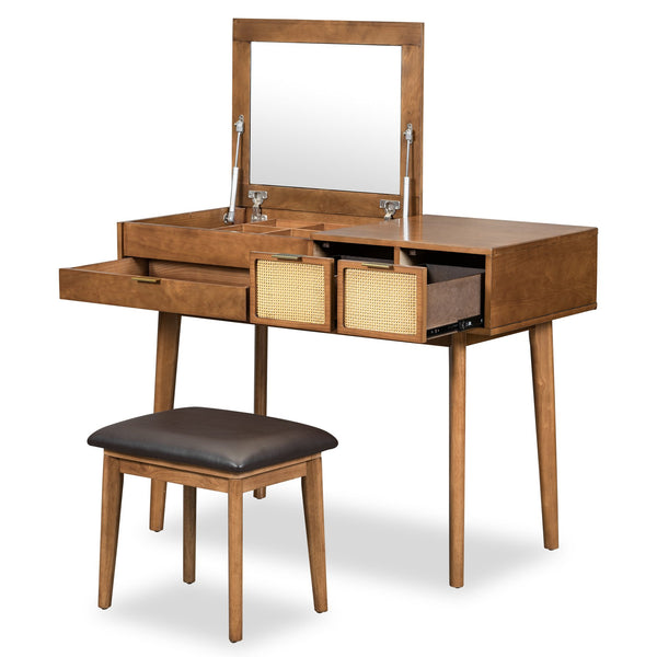 English Elm 43.3" Classic Wood Makeup Vanity with Flip Mirror & Padded Stool, 3 Drawers, Spacious Storage, Brown N704P165645
