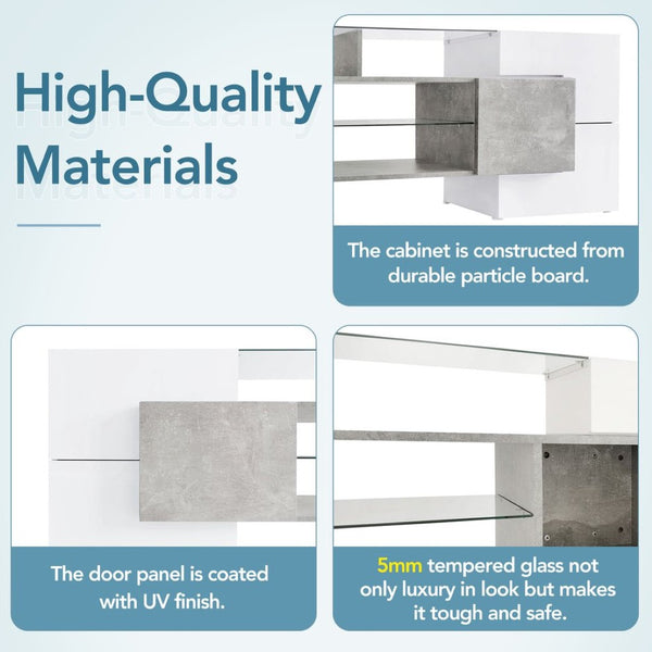 English Elm On-trend Gloss Grey Entertainment Center Led Glass Shelves Modern Living Room Storage SD000016AAE