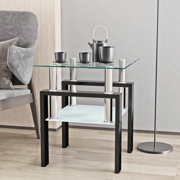 English Elm 1-piece Square Tempered Glass End Table Dual Tier Modern Design for Living Room W241104199