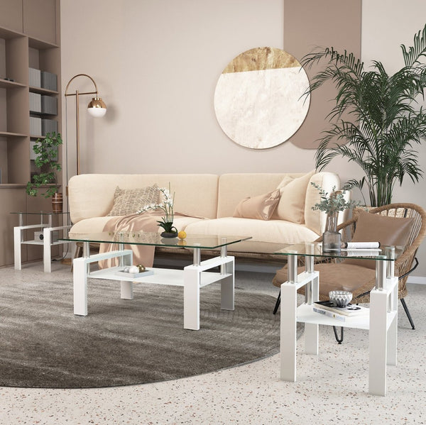 English Elm Set of 2 Square Tempered Glass End Tables with Dual Shelf for Modern Living Room White W241104208