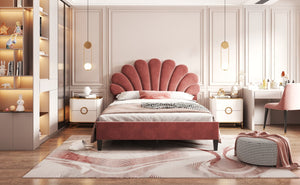 English Elm Full Full Size Upholstered Platform Bed with Floral Velvet Headboard, Sturdy Wood Frame, 660lb Capacity Bean paste red WF305290AAH