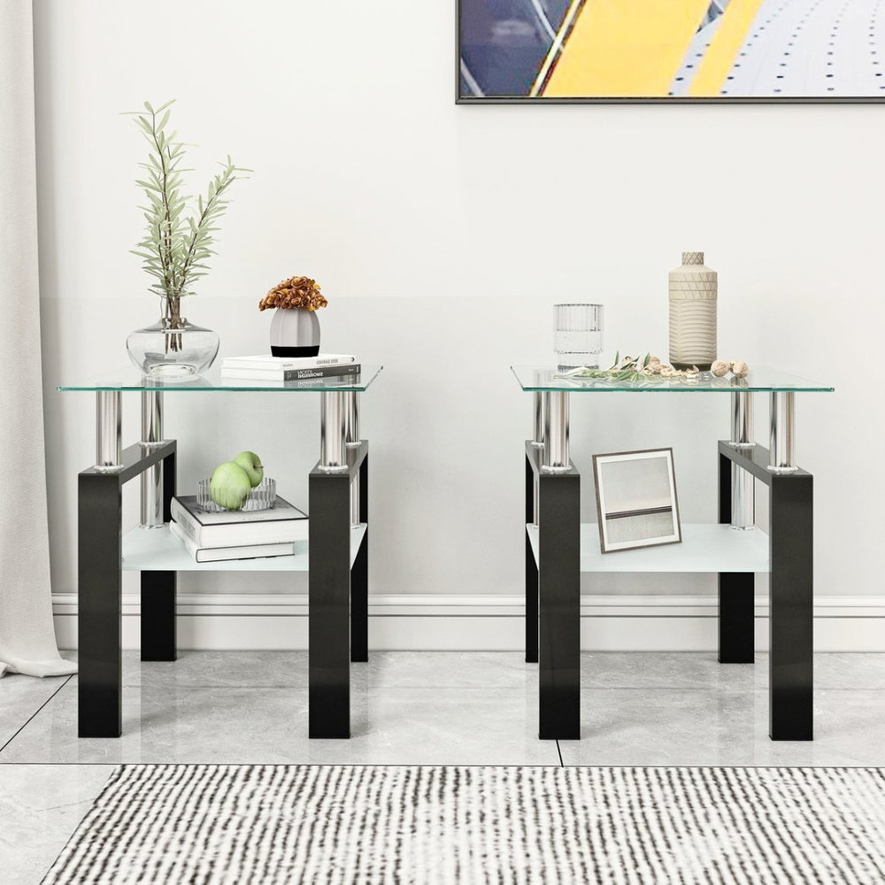 English Elm Set of 2 Square Tempered Glass End Tables with Dual Shelf for Modern Living Room Transparent W241104200