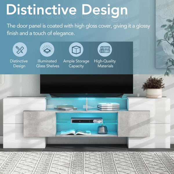 English Elm On-trend Gloss Grey Entertainment Center Led Glass Shelves Modern Living Room Storage SD000016AAE