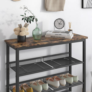 English Elm Industrial shoe rack with wooden top & 5 adjustable metal tiers — space-saving, easy-clean storage W578111247