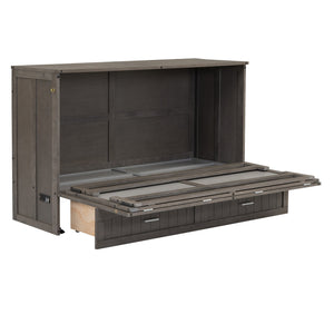 English Elm Queen Murphy Bed with Built-In USB Charging, Antique Gray Wall Bed with Drawer Storage, Space-Saving Retreat GX000337AAE