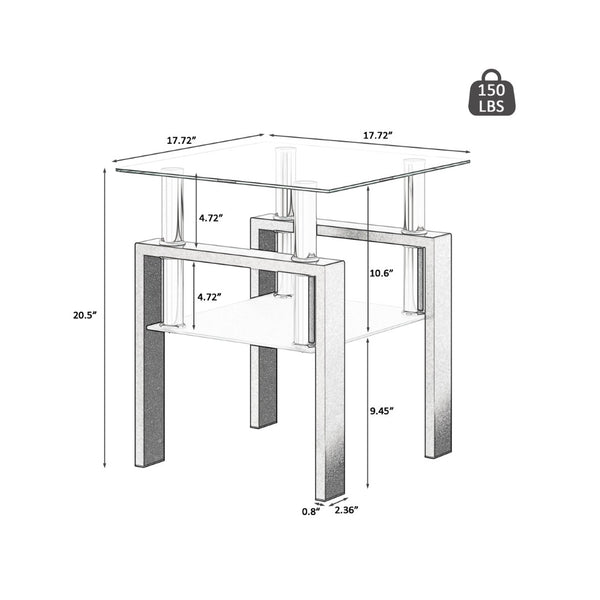 English Elm 1-piece Square Tempered Glass End Table Dual Tier Modern Design for Living Room W241104199