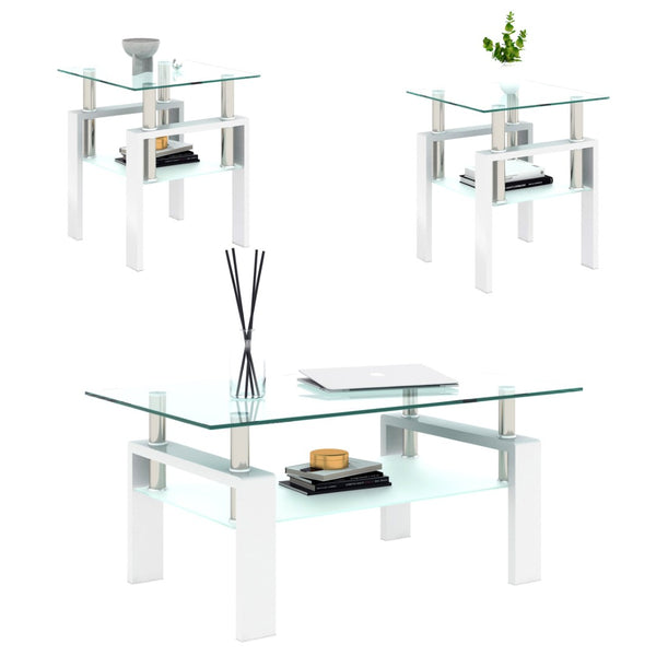 English Elm Set of 2 Square Tempered Glass End Tables with Dual Shelf for Modern Living Room White W241104208
