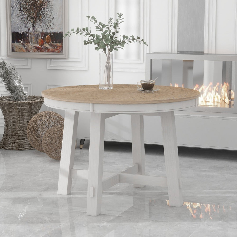 English Elm Trexm Farmhouse Round Extendable Dining Table Seats Six with Oak Veneer Planked Top Oak Natural Wood + Antique White WF291263AAD