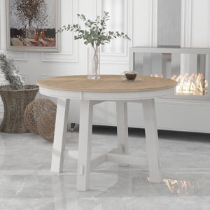English Elm Trexm Farmhouse Round Extendable Dining Table Seats Six with Oak Veneer Planked Top Oak Natural Wood + Antique White WF291263AAD