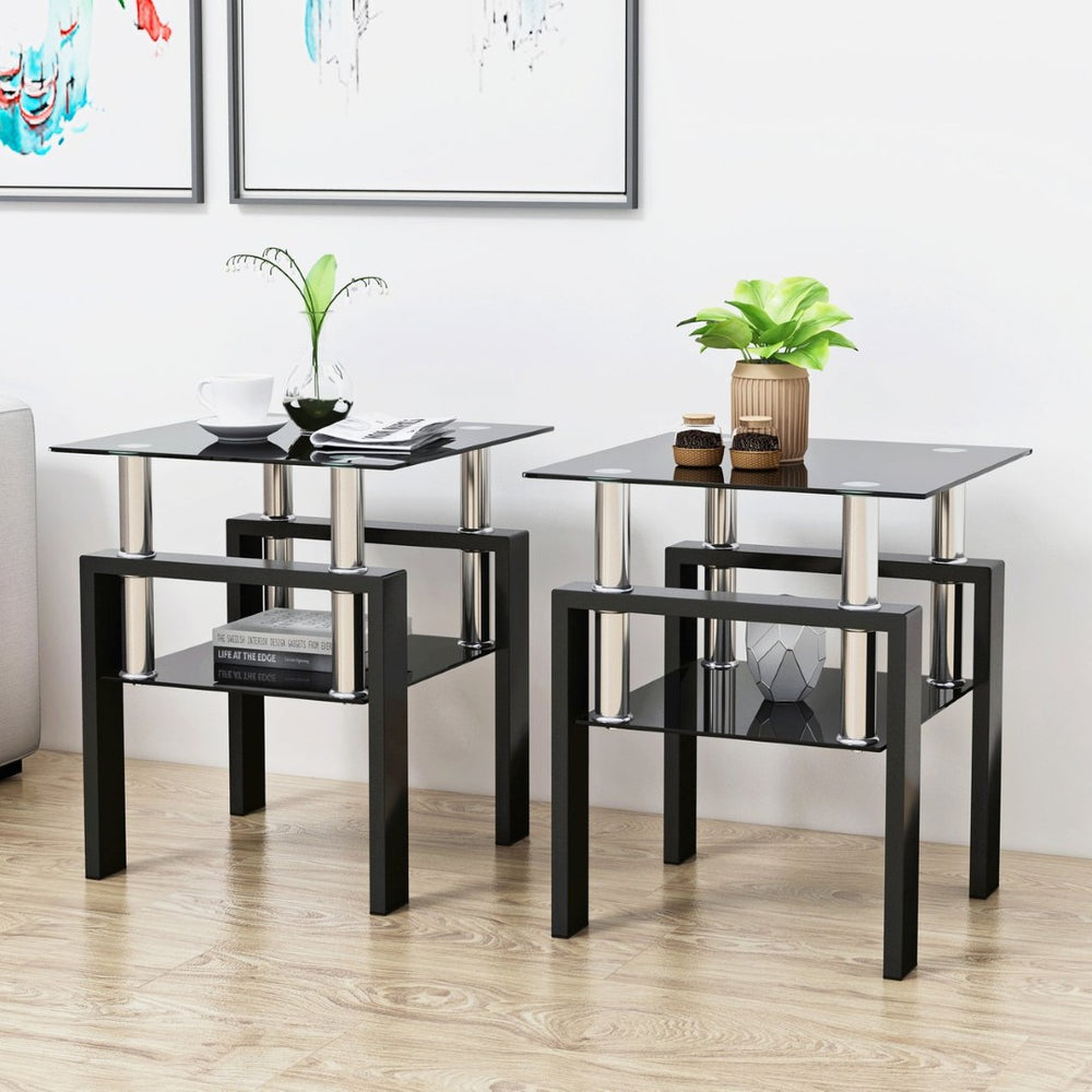 English Elm Set of 2 Square Tempered Glass End Tables with Dual Shelf for Modern Living Room W241104205