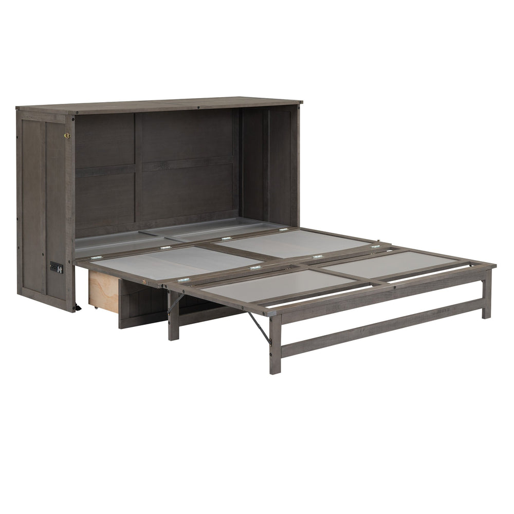 English Elm Queen Murphy Bed with Built-In USB Charging, Antique Gray Wall Bed with Drawer Storage, Space-Saving Retreat GX000337AAE