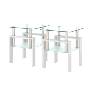 English Elm Set of 2 Square Tempered Glass End Tables with Dual Shelf for Modern Living Room White W241104208