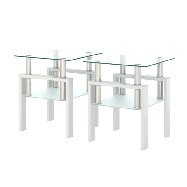 English Elm Set of 2 Square Tempered Glass End Tables with Dual Shelf for Modern Living Room White W241104208