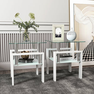 English Elm Set of 2 Square Tempered Glass End Tables with Dual Shelf for Modern Living Room White W241104208