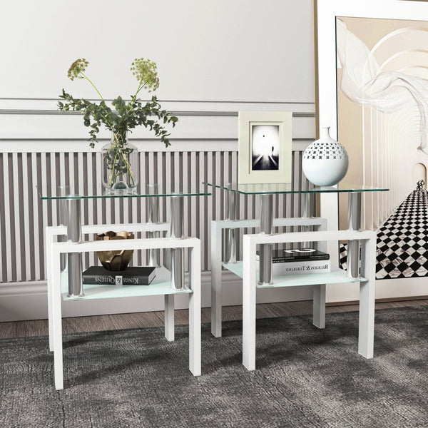 English Elm Set of 2 Square Tempered Glass End Tables with Dual Shelf for Modern Living Room White W241104208