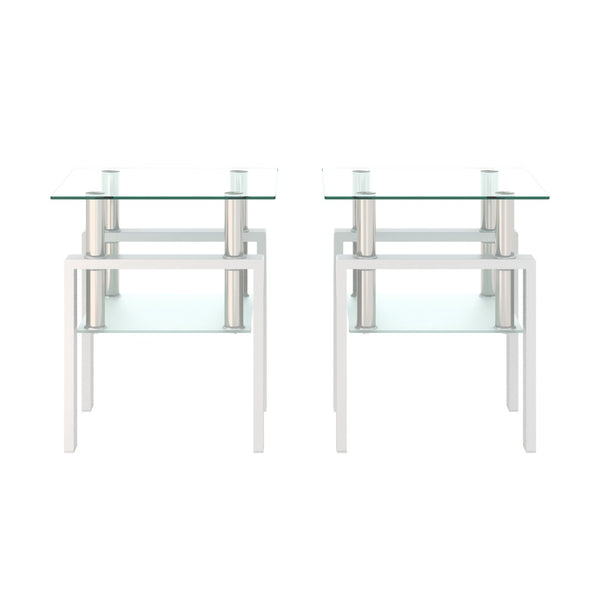 English Elm Set of 2 Square Tempered Glass End Tables with Dual Shelf for Modern Living Room White W241104208