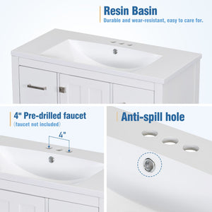 English Elm 36" White Oak Bathroom Vanity with Resin Sink Usb Charging and Three Drawers SV000009AAW